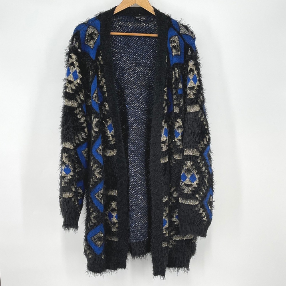 City Chic Women's Cardigan Open Front Duster Aztec Blue Silver Black Size XL‎